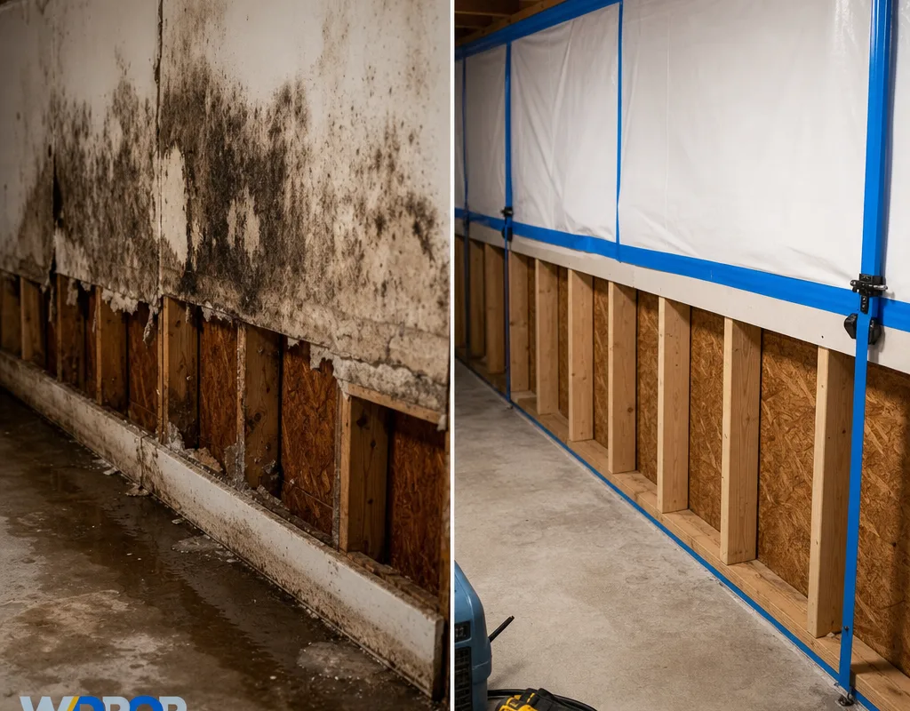 Before-and-after basement wall showing mold-stained drywall and cleaned framing ready for rebuild