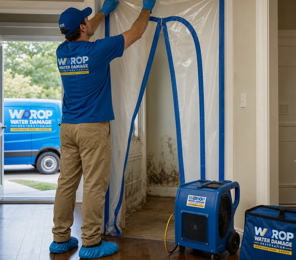 Technician setting up containment and HEPA air filtration outside a mold-affected room