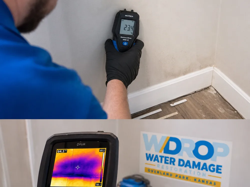 Moisture meter and thermal camera identifying a damp area behind drywall