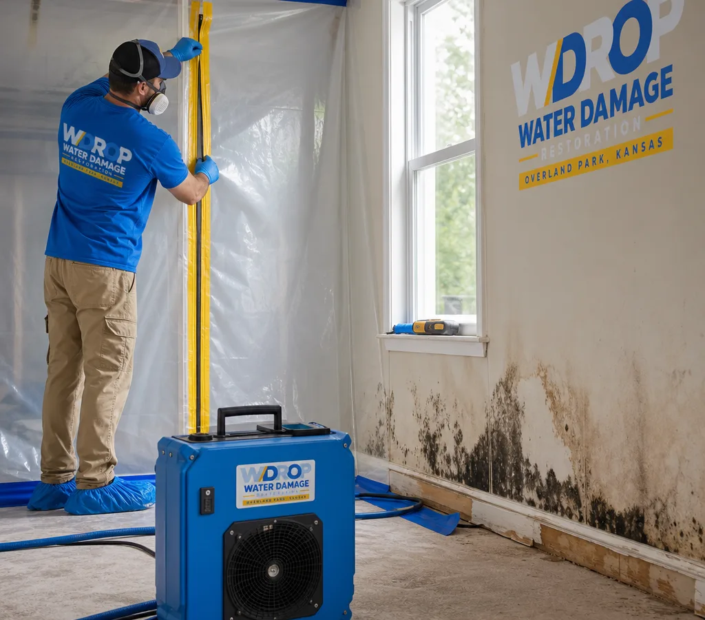 Technician setting up containment and HEPA air filtration near mold-affected drywall in a residential room