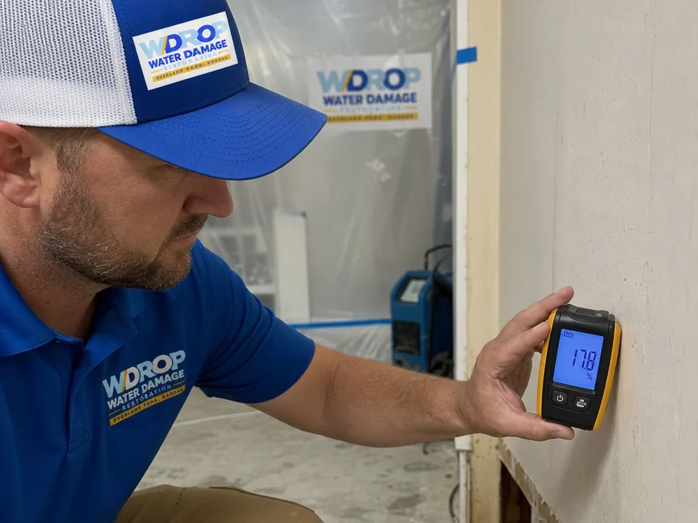 Moisture meter checking drywall near a basement corner with containment plastic in the background