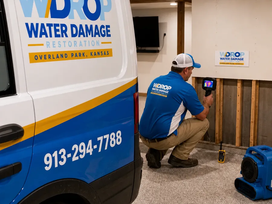 Technician mapping hidden basement moisture with a meter and thermal camera