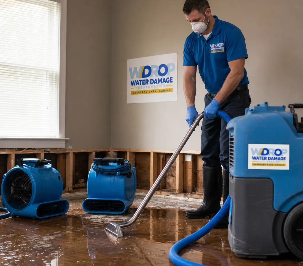 Technician using water extraction and drying equipment in a flooded residential room