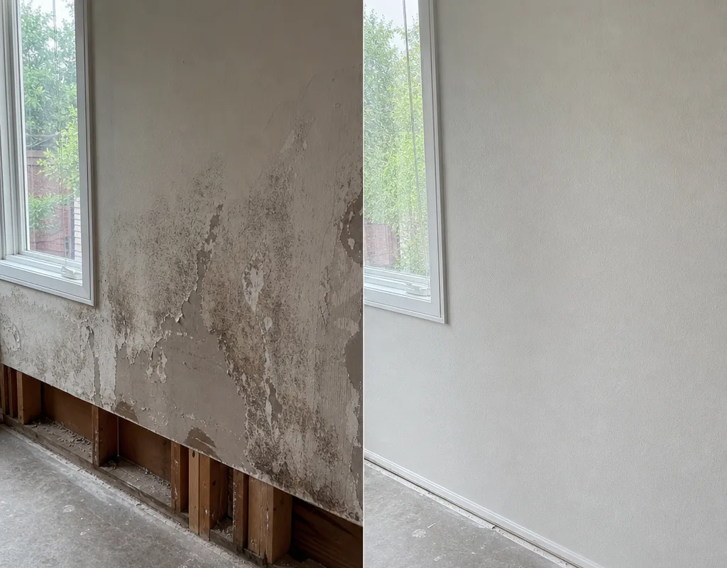 Before-and-after view of water-damaged drywall and the same wall rebuilt with matching texture and paint