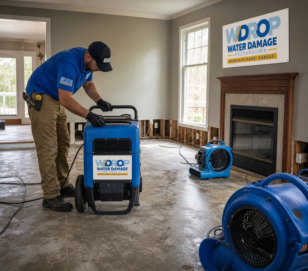 Technician using a commercial dehumidifier and air movers in a partially dried living room