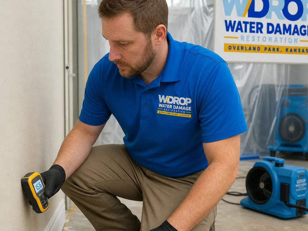 Moisture meter being used on drywall near a baseboard while drying equipment runs