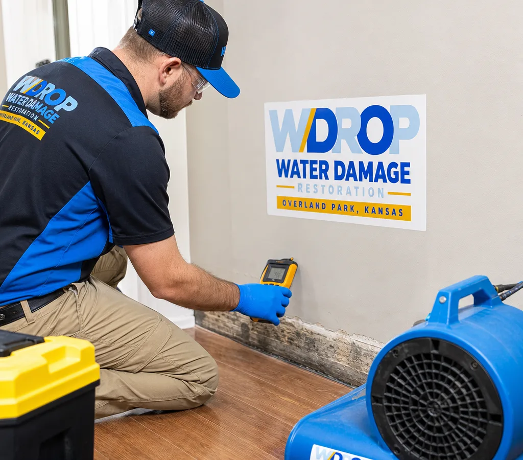Technician using a portable moisture meter at the base of an interior wall with air movers staged nearby