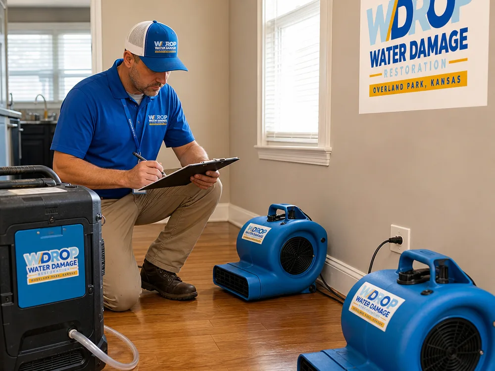 Air movers and a dehumidifier drying baseboards while a technician records humidity and moisture readings