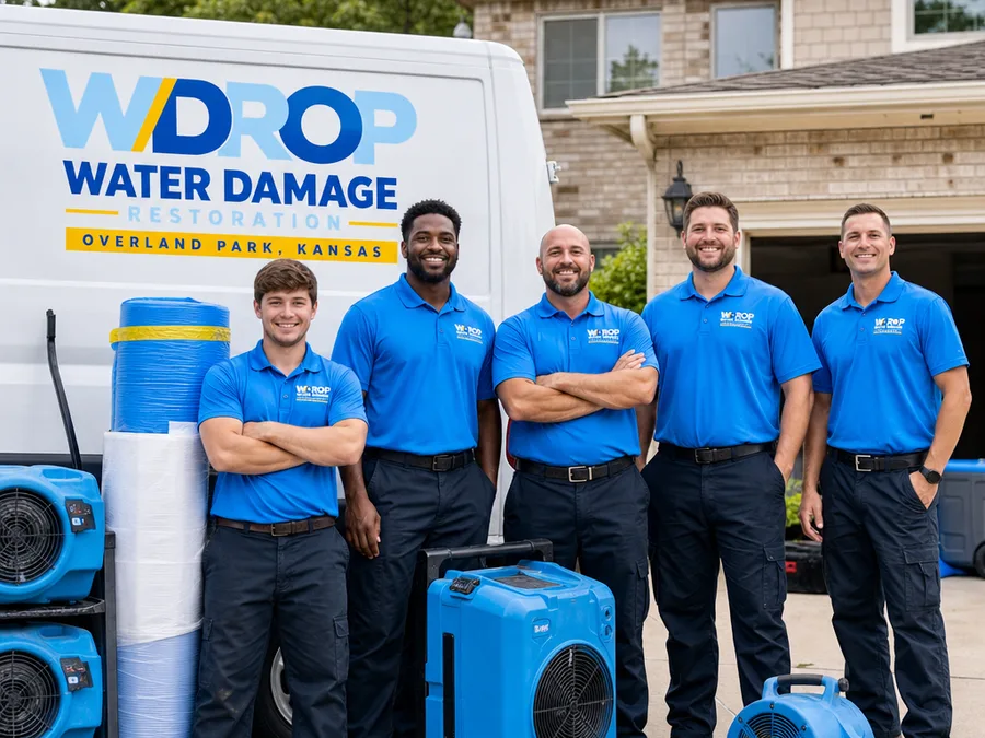 Restoration crew with drying equipment outside an Overland Park home